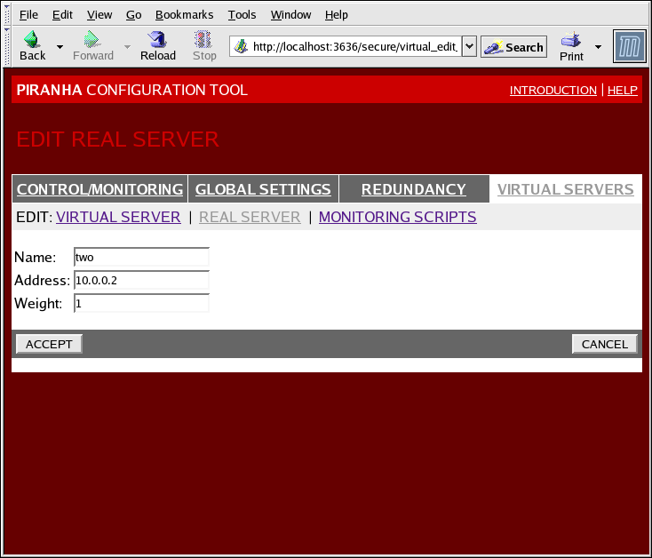 The REAL SERVER Configuration Panel