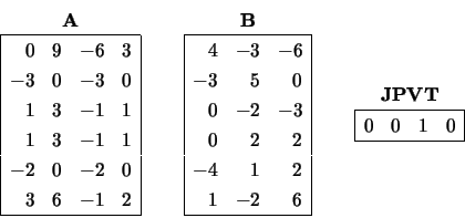 \begin{displaymath}
\begin{array}{c} {\bf A} \\
\begin{array}{\vert rrrr\vert...
...vert} \hline
0 & 0 & 1 & 0 \\
\hline \end{array} \end{array} \end{displaymath}