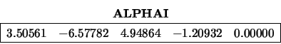 \begin{displaymath}
\begin{array}{cc} {\bf ALPHAI} \\
\begin{array}{\vert rrr...
...4.94864 & -1.20932 & 0.00000 \\
\hline \end{array} \end{array}\end{displaymath}